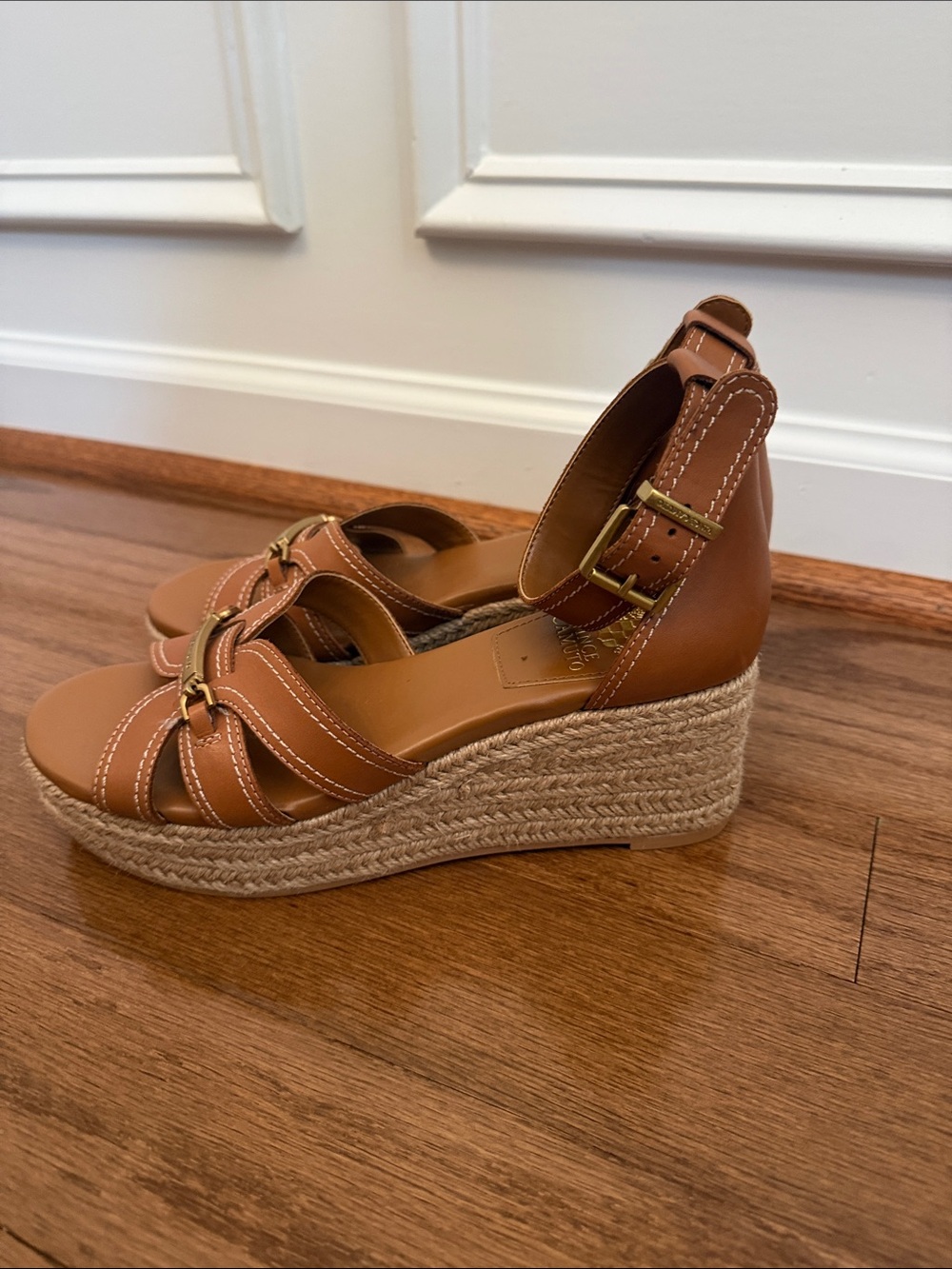 Brunch or Church Go To Wedges Vince Camuto Tan Wedge Sandals with Gold Accents - Picture 3 of 7